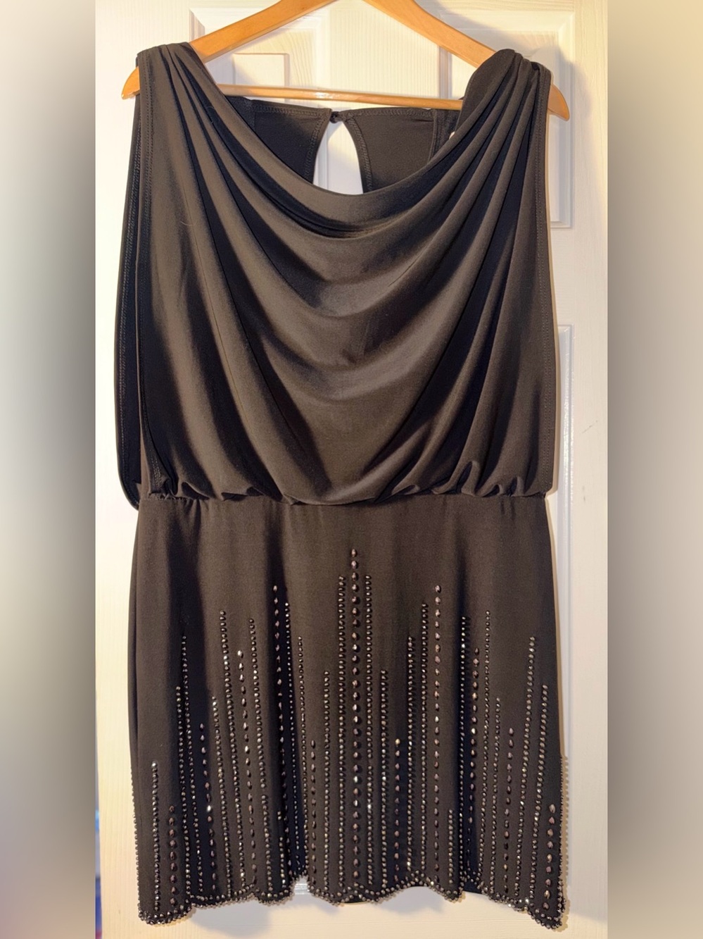 Vintage Caché Black Beaded Cowl Neck Mini Dress Size 12 Y2K Cocktail Party